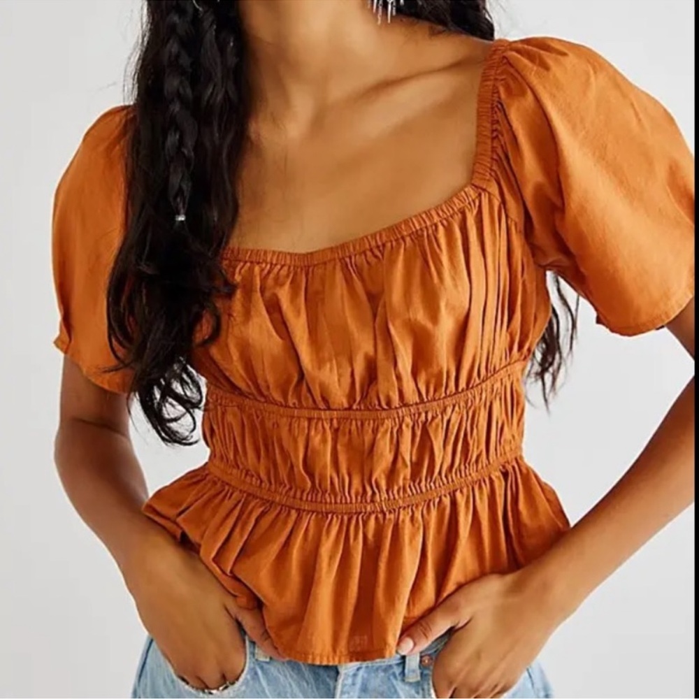 Free People Phoebe Smocked Lace Up Puff Sleeve